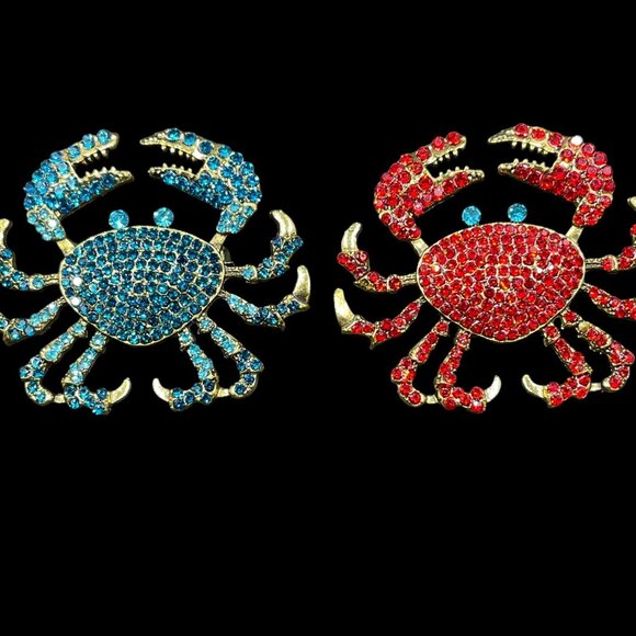Crab Rhinestone Brooch Pair Nautical Coquette Kawaii Coastal Ocean Statement Pin - Picture 3 of 8